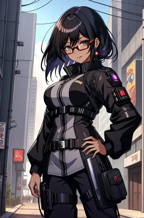 Anime - imagem de estilo 1mulher com olhos azuis e cabelo preto, cabelo preto, sobrancelha grossa, rosto de mulher de 27 anos, jovem de 27 anos, boca fechada, corpo inteiro, Arte de anime cyberpunk,  tom de pele branca, (boca fechada: 1.5), hand on hip, (二...