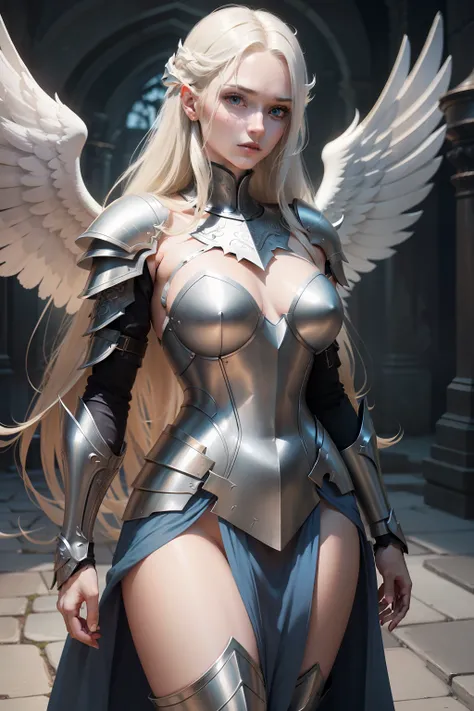 ethereal female warrior archangel, hauntingly beautiful, long blonde hair, pale skin, blue eyes, symmetrical features, thin features, narrow features, angelic features, armored wings, elegant features, bronze plate armor with silver pauldrons, fantasy, d&d...