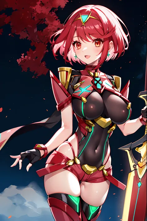 pyra (xenoblade), teen_1girl, armor, bangs, black gloves, breasts, red eyes, closed mouth, earrings, eyelashes, fingerless gloves, floating hair, framed breasts, gem, gloves, hair ornament, headpiece, jewelry, big_breasts, leaning back, leotard, neon trim,...