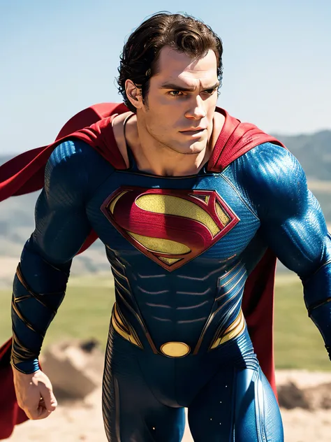 photo of henry cavill is superman ,  superhero, upper body,cinematic, movie, grain movie (2023s)1boy, building destroyed , reali...