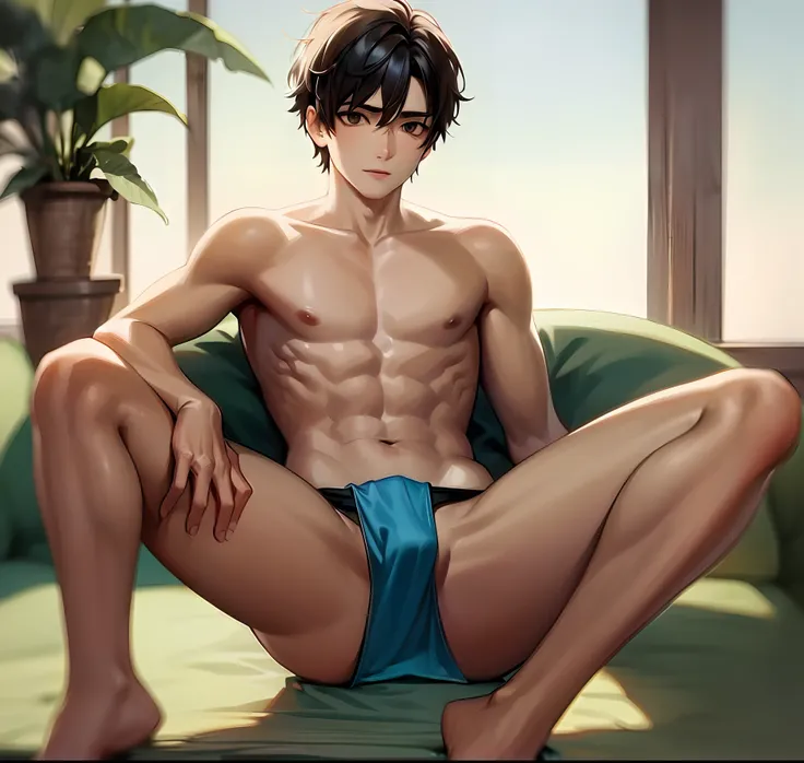 There was a man sitting on the couch，Wearing blue underwear, Handsome anime pose, handsome guy in demon killer art, Anime handsome man, male anime character, Smooth anime CG art, Range Murata and Artgerm, kentaro miura art, Extremely detailed Artgerm, youn...