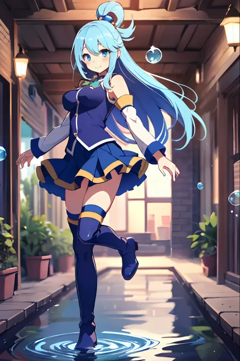 aqua (konosuba), mksks style, (very detailed background:1.0), (highly detailed background:1.0), {Masterpiece}, High Quality, 1girl, blue eyes, blue footwear, blue hair, blue thighhighs, blush, boots, breasts, bubble, detached sleeves, hair ornament, hair r...