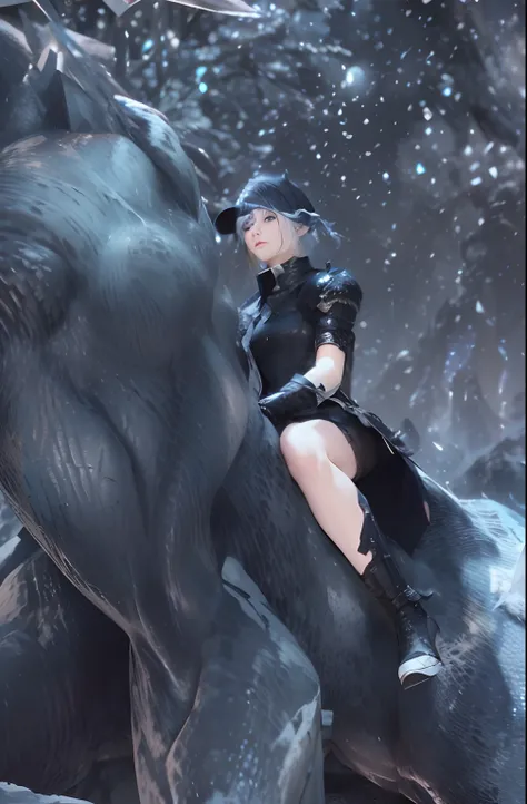 The woman sits on a beast in the sky，Neil 2B presents fantasy images in final style，A teenage character sits on an icy throne in Final Fantasy 14-style costumes。The moon-themed costume 2B is intertwined with 2 bytes of time，Spend forty-four days on the Ice...