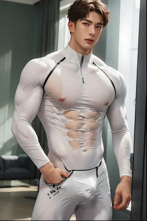 a man in a white bodysuit posing for a picture, Open V chest clothes, White body, smooth white tight clothes suit, Muscular! White, sexy muscular upper body, sexy muscular body, cyborg body, superhero body, Tight shirt, Translucent body, Bodybuilder body, ...