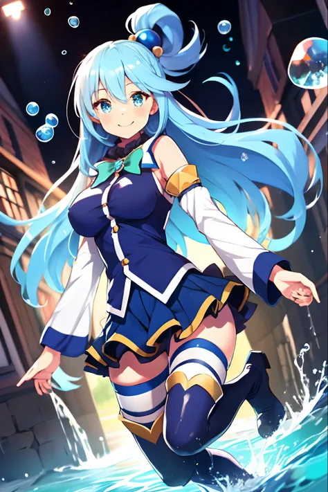 aqua (konosuba), mksks style, (very detailed background:1.0), (highly detailed background:1.0), {Masterpiece}, High Quality, 1girl, blue eyes, blue footwear, blue hair, blue thighhighs, blush, boots, breasts, bubble, detached sleeves, hair ornament, hair r...