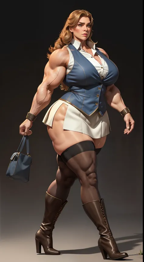 tmasterpiece，（Full body like:1.1），Burly woman，Exaggerated large muscles，walking pose，Beautiful and charming woman face，vests，Stockings，High-heeled boots，1female，Thin waist，Very broad shoulders，Strong and powerful arms，Stout arms，Thick and powerful leg musc...