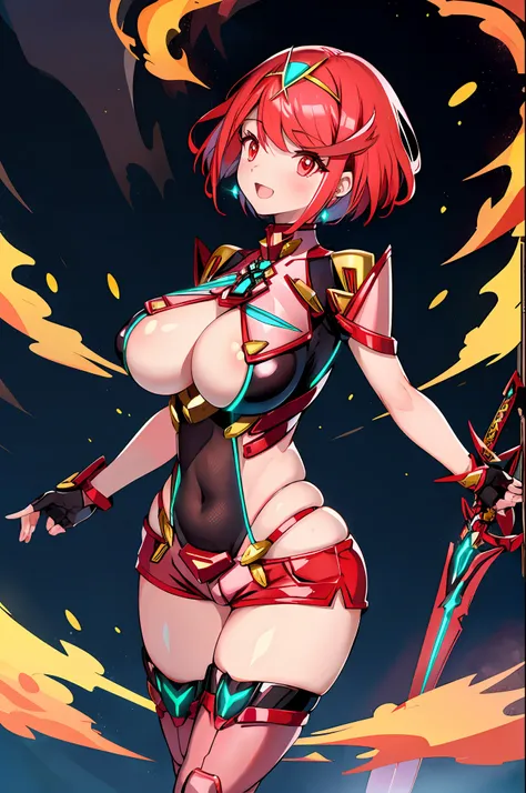 pyra (xenoblade), teen_1girl, armor, bangs, black gloves, breasts, red eyes, closed mouth, earrings, eyelashes, fingerless gloves, floating hair, framed breasts, gem, gloves, hair ornament, headpiece, jewelry, big_breasts, leaning back, leotard, neon trim,...