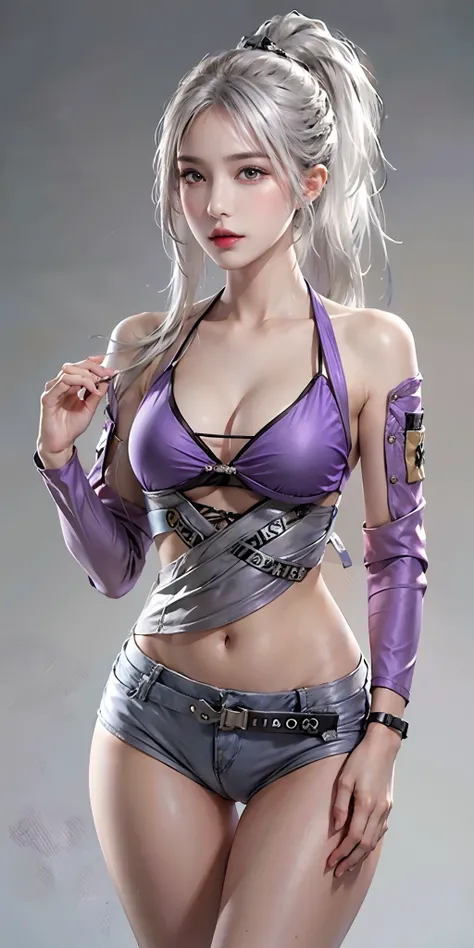 photorealistic, high resolution, soft light,1women, solo, hips up, (detailed face), silver hair, ponytail, grey hair, purple bikini, open jacket, tattoo, jewelry