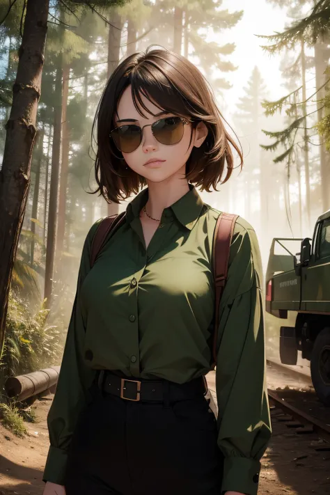 Young Woman, mine camp, bunkers, 8K UHD, radiance, dark green, brown, sun, leonardo, puma, open blouse, sunglasses, photographic detailed, saturation, forest, destroy trucks, full color, portrait