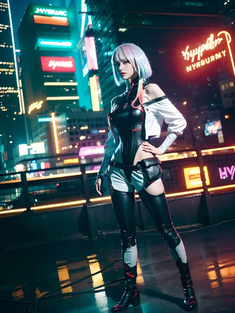 ((Masterpiece, high resolution:1.4), lucy_cyberpunk, (standing:1.5), (dynamic pose:1.5), (futuristic city at night, neon lights:1.2), 1girl, white short hair, bangs, ((red eyeliner)), ((makeup)), red lips, white off-shouler jacket, black bodysuit, bare sho...