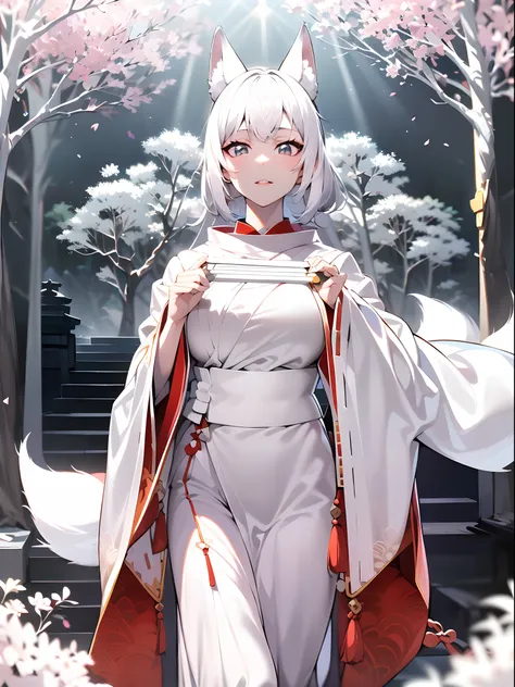 professional lighting,jpn,1girl in,((onmyouji)),18 year old beautiful woman,((((white Fox ears)))),(long shiny white hair),(Bushy white tail),nice hands, perfect hands,((An ancient shrine surrounded by giant white trees that emit light with pale light)),((...