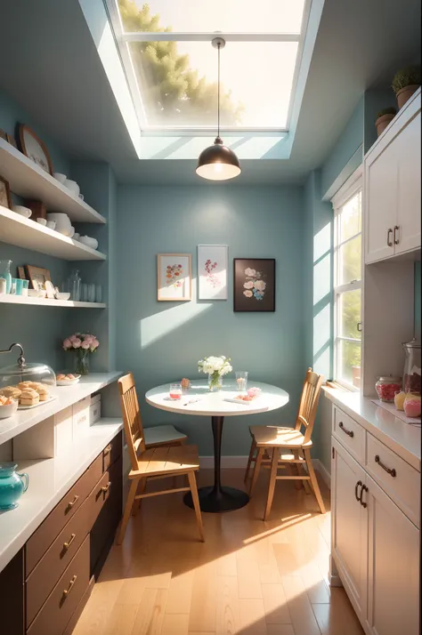 Light blue room，Dreamy and welcoming，The entire background is a light blue hue，Klein blue，Showcases a fresh and tranquil atmosphere。In this room，You will find countless snacks、Candy and pastry related elements。

The walls of the room are decorated with fre...