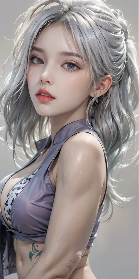 photorealistic, high resolution, soft light,1women, solo, hips up, (detailed face), silver hair, ponytail, grey hair, purple bikini, open jacket, tattoo, jewelry