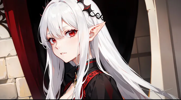 Woman，White hair，Red eyes，Elf ears，Oriental，whiteskin