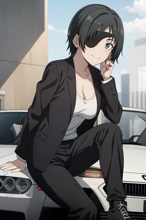 himeno , wears a black jacket under it a short black tank top , black jeans and sports boots , she poses near on a bmw gtr m3 fr...