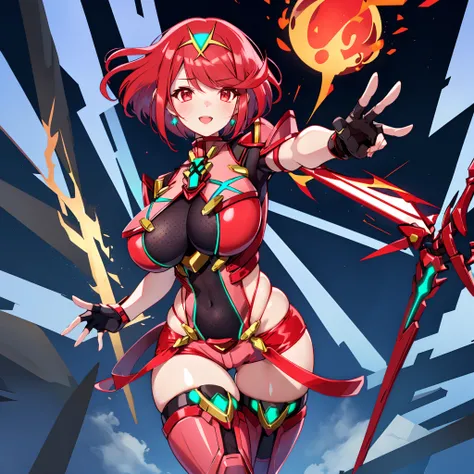 pyra (xenoblade), teen_1girl, armor, bangs, black gloves, breasts, red eyes, closed mouth, earrings, eyelashes, fingerless gloves, floating hair, framed breasts, gem, gloves, hair ornament, headpiece, jewelry, big_breasts, leaning back, leotard, neon trim,...