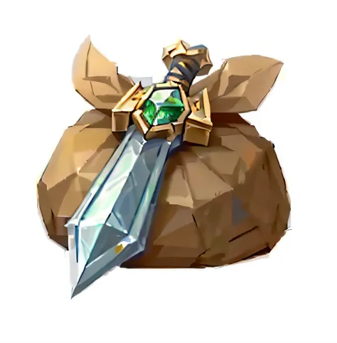 A close-up of a package，There is a sword on it, league of legends inventory item, role-playing game items, hero prop, hearthstone weapon art, rpg item, golden pommel, medievil spear, The sword, legendary item, gold sword, from league of legends, rpg item r...