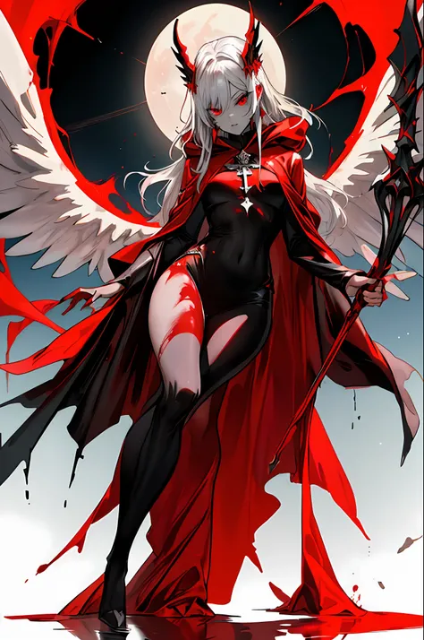 (masterpiece, best quality), A terrifying , full body, female, Beautiful features, Red eyes, Blood bath, Red Cloak, Aesthetic vibe, goddess, holy , Arch angel, Night sky, A big wand, colourful.