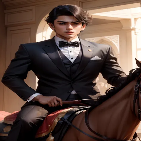 Indian teen riding horse in tuxedo with clear face