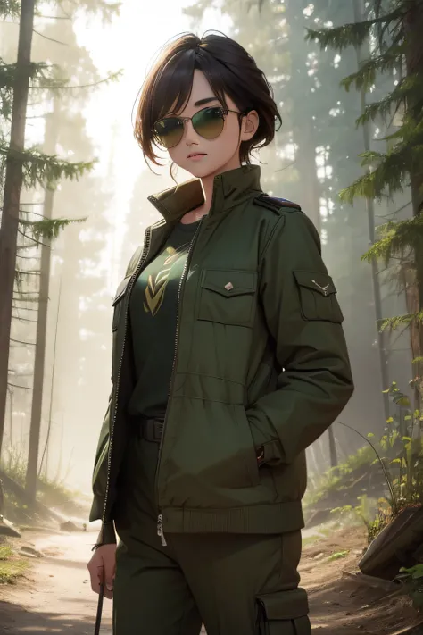 Young Woman, mine camp, bunkers, 8K UHD, radiance, dark green, brown, sun, leonardo, puma, open jacket, nude, sunglasses, photographic detailed, saturation, forest, collision trucks, collision jets, full color, portrait