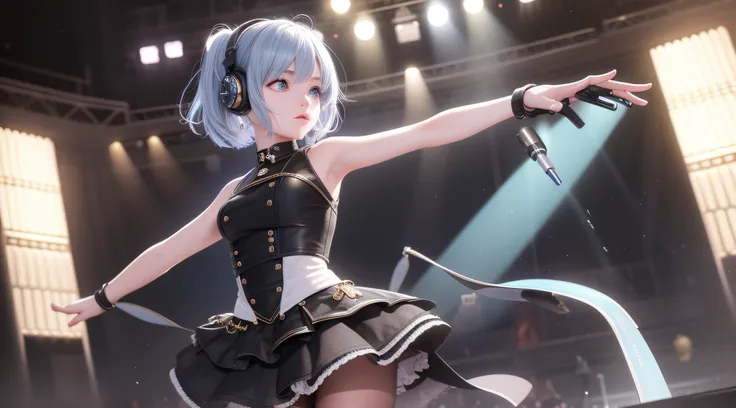 Solo beauty （1girl：1.3）， Cute pop singer， glomy， short detailed hair， Symmetrical tear-blue eyes， wearing headphone，a black skirt， pleatedskirt， black shirt， Sing and play guitar， Earphone， Grip paddles， Single-sided up， cinematic ligh， concert lights， dyn...