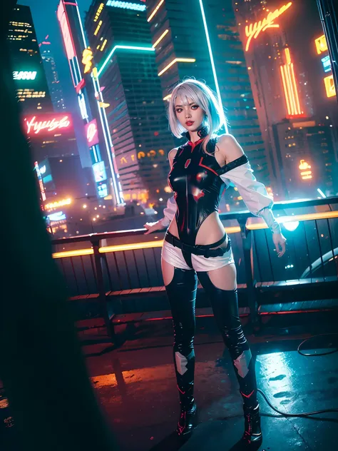 ((Masterpiece, high resolution:1.4), lucy_cyberpunk, (standing:1.5), (dynamic pose:1.5), (futuristic city at night, neon lights:1.2), 1girl, white short hair, bangs, ((red eyeliner)), ((makeup)), red lips, white off-shouler jacket, black bodysuit, bare sho...