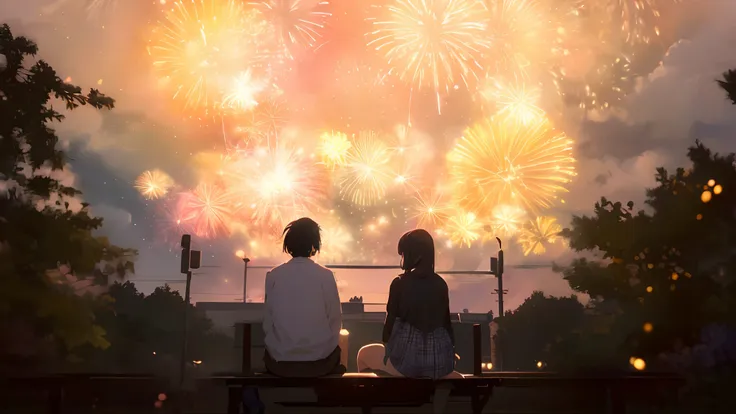 Fireworks in the sky with two people sitting on a bench, guweiz and makoto shinkai, ( ( By Shinkai Makoto ) ), sakimichan and makoto shinkai, ross tran and makoto shinkai, [ Fireworks in the sky ]!!, sparklers, By Shinkai Makoto. - H 2160、