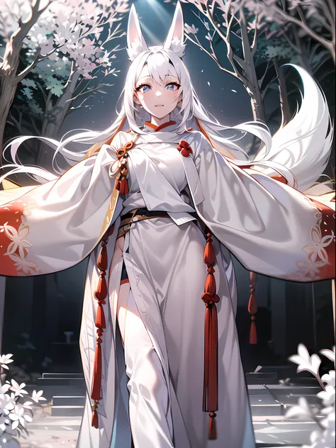 professional lighting,jpn,1girl in,((glowing onmyouji)),18 year old beautiful woman,((((white Fox ears)))),(long shiny white hair),(Bushy white tail),nice hands, perfect hands,((An ancient shrine surrounded by giant white trees that emit light with pale li...