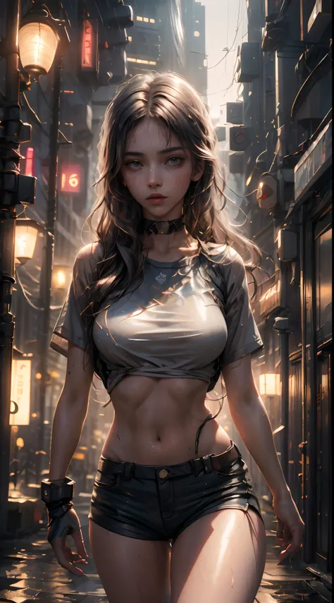 Beautiful woman with wavy hair, delicate and charming eyes, thigh notch, sexy long legs, t-shirt in small shorts, beautiful futuristic cyberpunk + city, mist, damp, rain, best quality masterpiece, realistic, detailed, 8k, HDR, shallow depth of field, wide ...