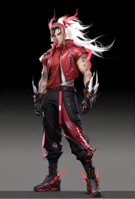 a close up of a person in a red jacket and black pants, ( ( concept art of character ) ), fighting game character, Character artwork, 8k character concept art, 8 k character concept art, concept art character, full body concept, cyberpunk character design,...