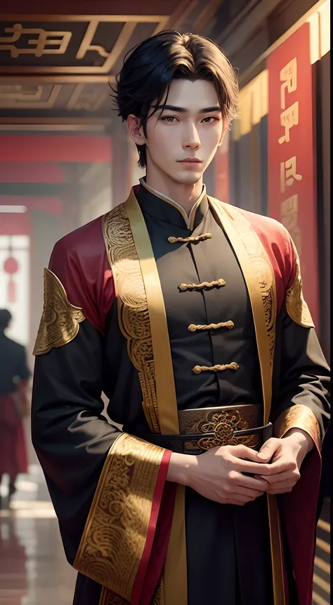 A handsome young man in Chinese costume holds a three-color jade，Behind you is an endless sea of people --auto