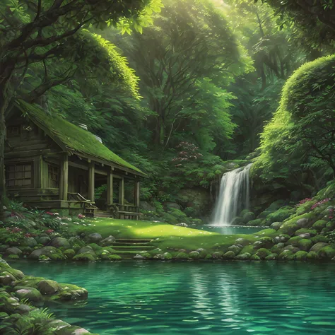 In a hidden grove nestled within towering mountains, a secluded waterfall cascades gracefully into a crystal-clear pool. The air is filled with the soothing sound of rushing water and the gentle rustling of leaves. At the waters edge, a serene figure sits ...