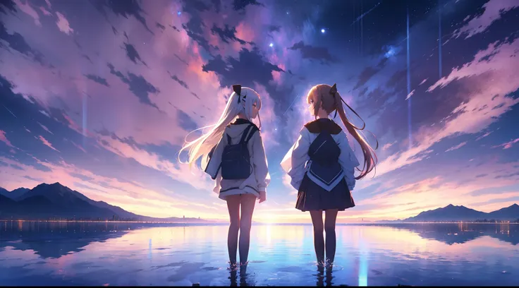 （（Long-range shots））the night， Two beautiful anime girls looking at each other,。Standing in the middle of the salt lake，The surface of the water is like a mirror，Reflecting the sky。The Milky Way is in the sky。