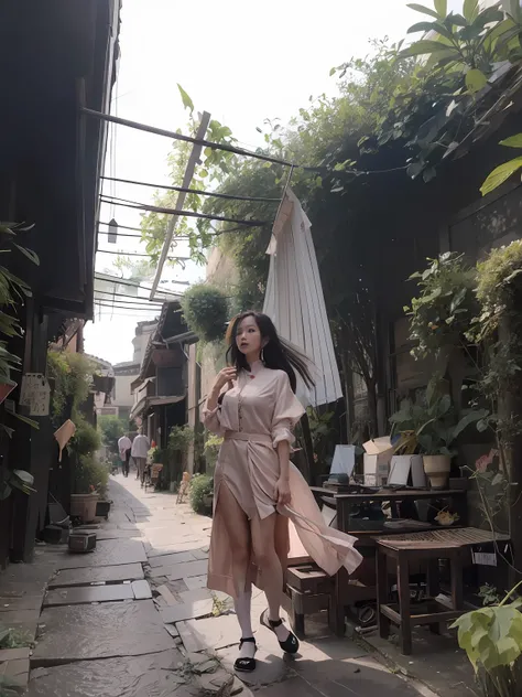 Alatei walked down a narrow alley，An umbrella in the background, ancient city streets behind her, 🤬 🤮 💕 🎀, standing in an alleyway, clothed in ancient street wear, zhouzhuang ancient town, in a narrow chinese alley, dressed with long fluent clothes, wander...