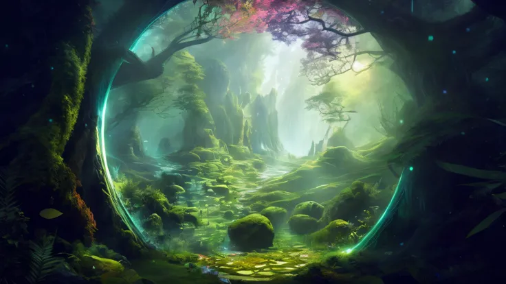 a view of a forest with a path through it, Arte de fantasia grande angular, lush alien landscape, paisagem de fantasia impressionante, mundo coberto de fantasia, paisagem da floresta da fantasia, Portal Florestal, 8k arte impressionante, mystical fantasy l...