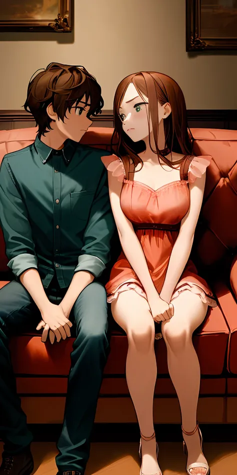 A young couple sitting on a couch, looking at each other very sadly.