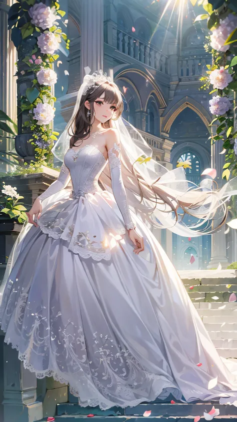 ((best quality)), ((masterpiece))  WEDDING PRINCESS DRESS, light ray, lens flare, white petals, long coated cat, exotic