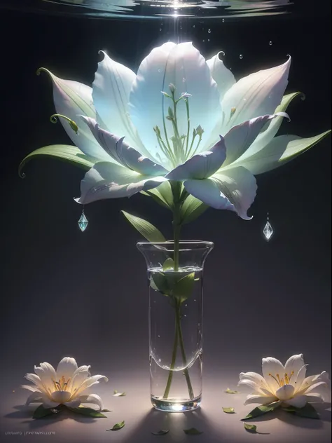 ((lily flowers)),  super transparent,  Holy Light,  beautiful spectral light, petals glow, flashes, Dark background, drops of transparent light, reflective light, Bright, light streaming in, optics, Sharp Focus, Magical, Convoluted, A hyper-realistic, Fant...