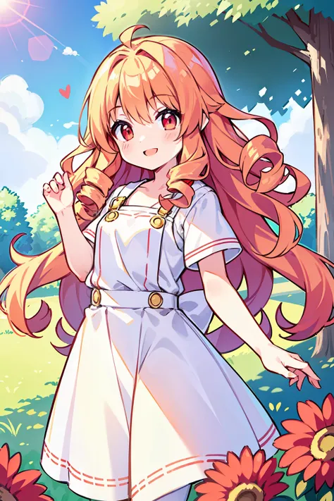 masterpiece, hyper quality, 1girl, solo girl, light gold hair, red eyes, ((curly hair)), long hair, smiling, white t-shirt, red overalls skirt, white stocking, cute, happy, clear, in the noon, clear sky, with the sun, in the park, with trees, with flowers