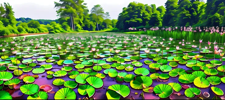 There is a field of aquatic plants，There are a lot of leaves inside, Lotus pond, lotus flowers on the water, lotuses, lotuses, water lily mat, green lily pads, water lily mat, water lilies, with lotus flowers, overgrown with aquatic plants, Lotus, waterlil...