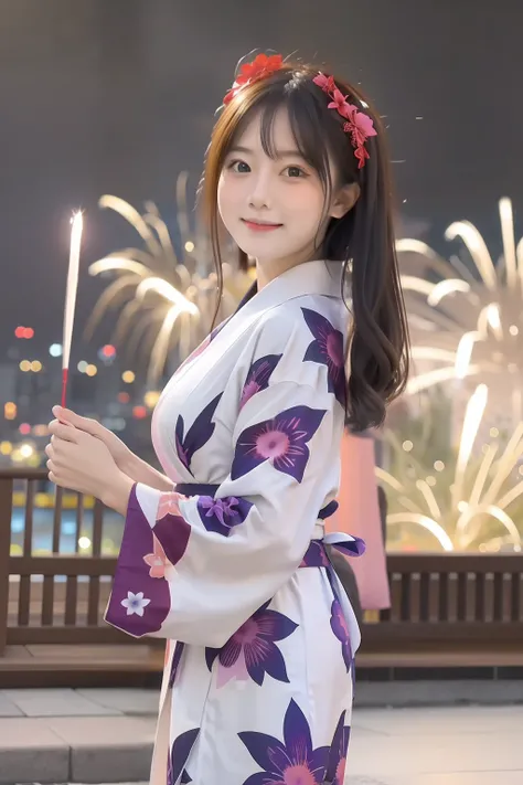 Woman in yukata、Beautiful fireworks display background with gorgeous colors、Fantastic night view。