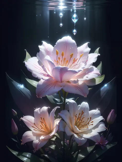 ((lily flowers)),  super transparent,  Holy Light,  beautiful spectral light, petals glow, flashes, Dark background, drops of transparent light, reflective light, Bright, light streaming in, optics, Sharp Focus, Magical, Convoluted, A hyper-realistic, Fant...