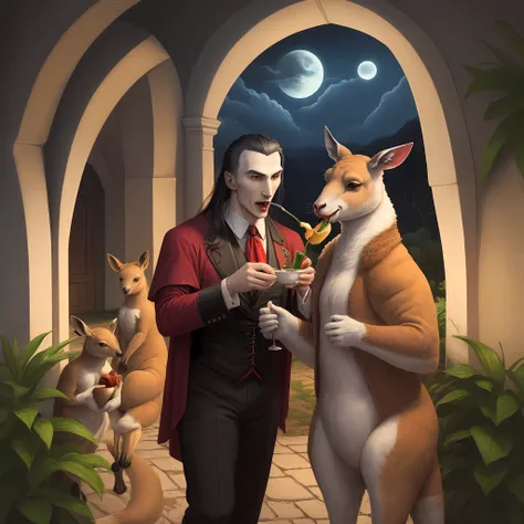 A picture of Dracula with a kangaroo eating a banana