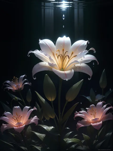 ((lily flowers)),  super transparent,  Holy Light,  beautiful spectral light, petals glow, flashes, Dark background, drops of transparent light, reflective light, Bright, light streaming in, optics, Sharp Focus, Magical, Convoluted, A hyper-realistic, Fant...