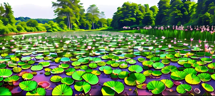 There is a field of aquatic plants，There are a lot of leaves inside, Lotus pond, lotus flowers on the water, lotuses, lotuses, water lily mat, green lily pads, water lily mat, water lilies, with lotus flowers, overgrown with aquatic plants, Lotus, waterlil...