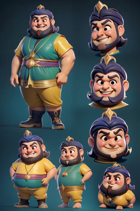 Character design sheet, Full body of humorous prankster chubby Middle Eastern man in 1001 Arab night wardrobe, Different angles, В стиле Pixar Bobble Head Art, Character concept