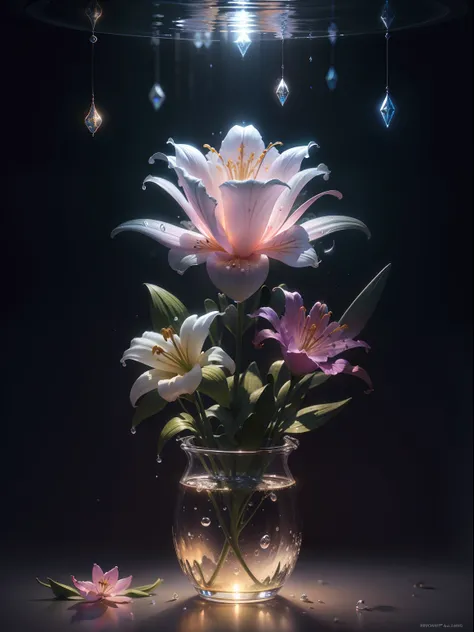 ((lily flowers)),  super transparent,  Holy Light,  beautiful spectral light, petals glow, flashes, Dark background, drops of transparent light, reflective light, Bright, light streaming in, optics, Sharp Focus, Magical, Convoluted, A hyper-realistic, Fant...