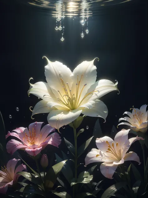 ((lily flowers)),  super transparent,  Holy Light,  beautiful spectral light, petals glow, flashes, Dark background, drops of transparent light, reflective light, Bright, light streaming in, optics, Sharp Focus, Magical, Convoluted, A hyper-realistic, Fant...