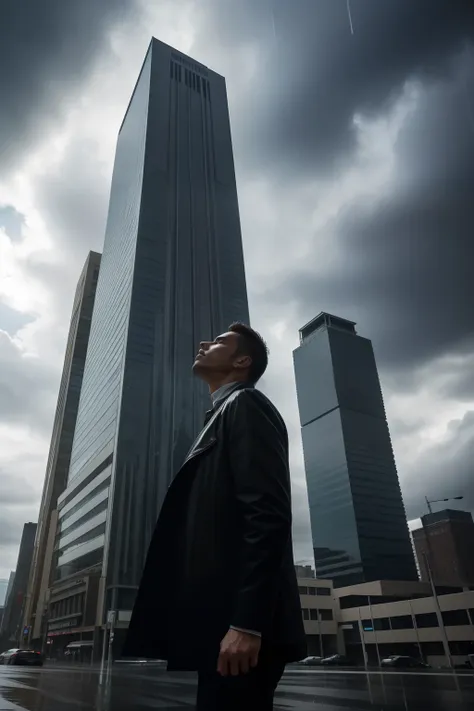 (close-up, a man standing in front of a towering building, dynamic pose, gazing up at its magnificent height on a rainy day, wit...