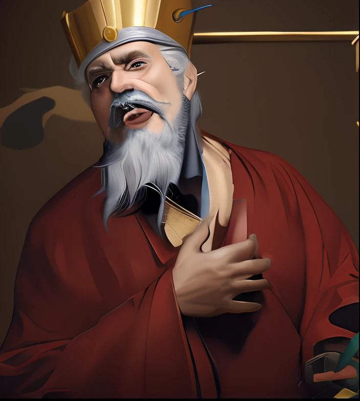 Grown-up old man with a beard with a crown on his head shouting